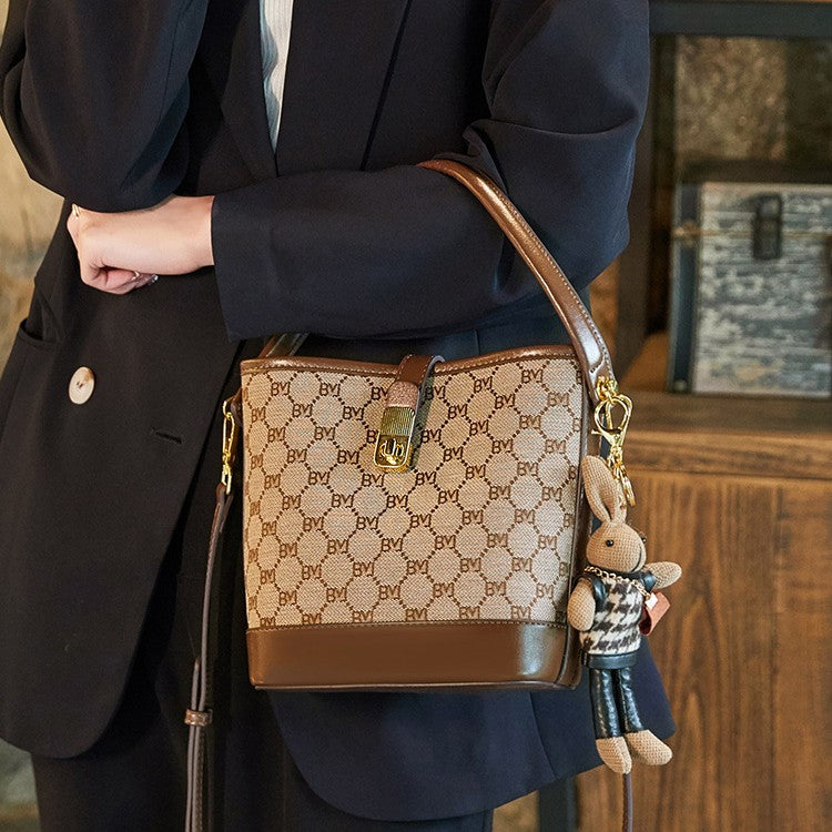 Women's Rabbit Muse Bucket Bag - Heritage Print & Crafted Leather Convertible Carry with Signature Charm & Optimized Capacity