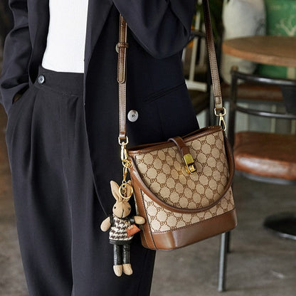Women's Rabbit Muse Bucket Bag - Heritage Print & Crafted Leather Convertible Carry with Signature Charm & Optimized Capacity