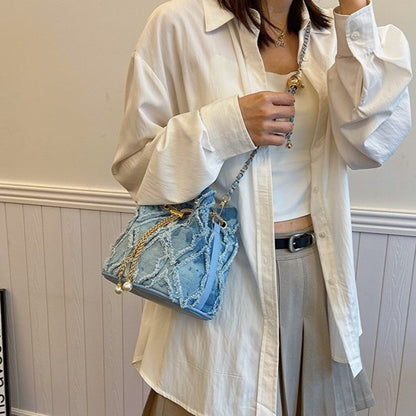 Women's Quilted Denim Bucket Bag - Trendy Large Capacity Chain Strap Shoulder/Crossbody Bag