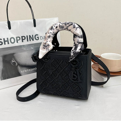 Women's Artisan-Embroidered Quilted Satchel - Heirloom-Quality Shoulder Bag w/ Detachable Silk Scarf & Convertible Strap, Textured Vegan Leather