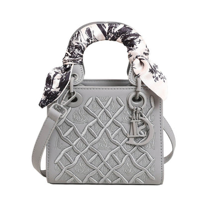 Women's Artisan-Embroidered Quilted Satchel - Heirloom-Quality Shoulder Bag w/ Detachable Silk Scarf & Convertible Strap, Textured Vegan Leather
