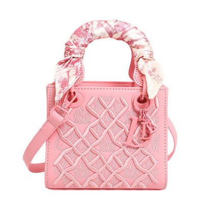 Women's Artisan-Embroidered Quilted Satchel - Heirloom-Quality Shoulder Bag w/ Detachable Silk Scarf & Convertible Strap, Textured Vegan Leather