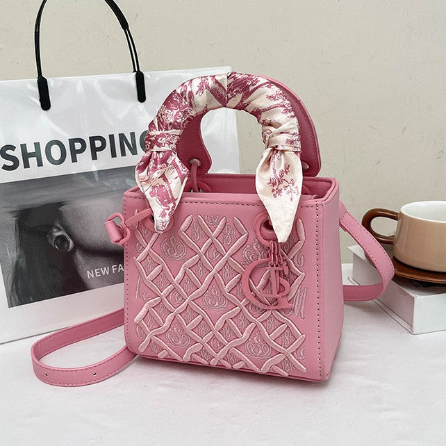 Women's Artisan-Embroidered Quilted Satchel - Heirloom-Quality Shoulder Bag w/ Detachable Silk Scarf & Convertible Strap, Textured Vegan Leather