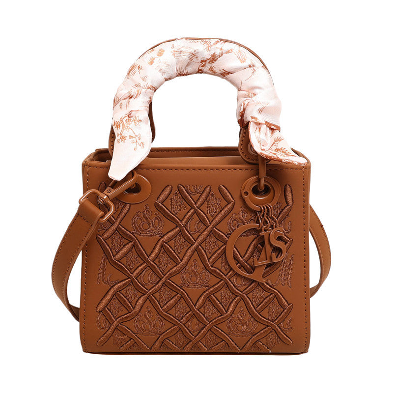 Women's Artisan-Embroidered Quilted Satchel - Heirloom-Quality Shoulder Bag w/ Detachable Silk Scarf & Convertible Strap, Textured Vegan Leather