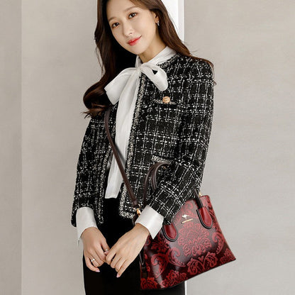 Women's Gilded Heirloom Satchel - Hand-Tooled Embossed Leather Convertible with Timeless Architecture & Artisan Legacy