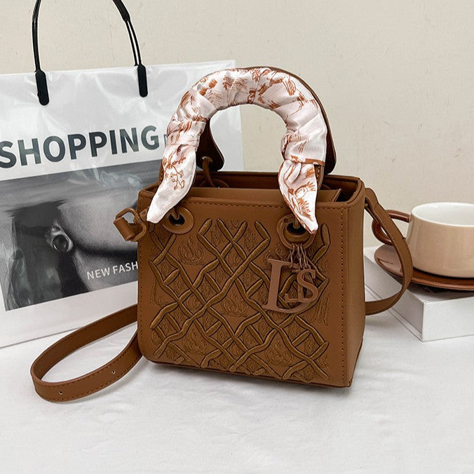 Women's Artisan-Embroidered Quilted Satchel - Heirloom-Quality Shoulder Bag w/ Detachable Silk Scarf & Convertible Strap, Textured Vegan Leather