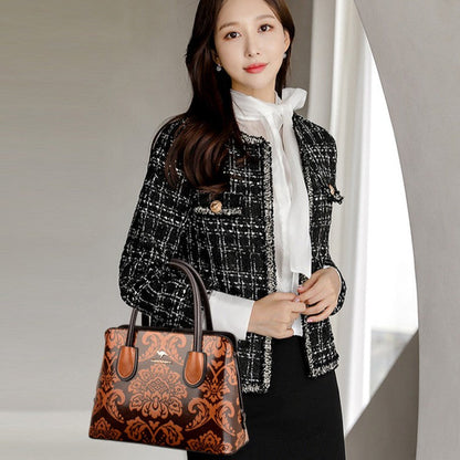 Women's Gilded Heirloom Satchel - Hand-Tooled Embossed Leather Convertible with Timeless Architecture & Artisan Legacy