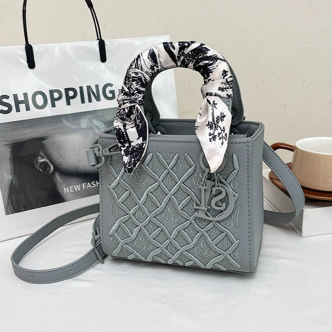 Women's Artisan-Embroidered Quilted Satchel - Heirloom-Quality Shoulder Bag w/ Detachable Silk Scarf & Convertible Strap, Textured Vegan Leather