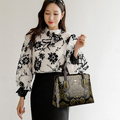 Women's Gilded Heirloom Satchel - Hand-Tooled Embossed Leather Convertible with Timeless Architecture & Artisan Legacy