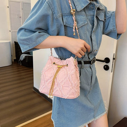 Women's Quilted Denim Bucket Bag - Trendy Large Capacity Chain Strap Shoulder/Crossbody Bag