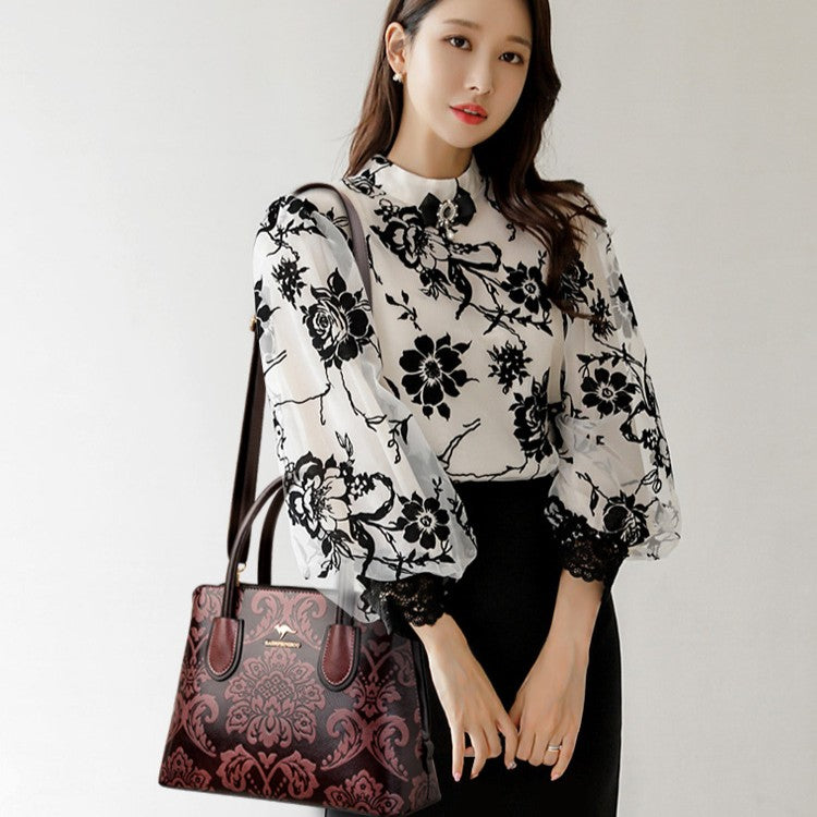 Women's Gilded Heirloom Satchel - Hand-Tooled Embossed Leather Convertible with Timeless Architecture & Artisan Legacy