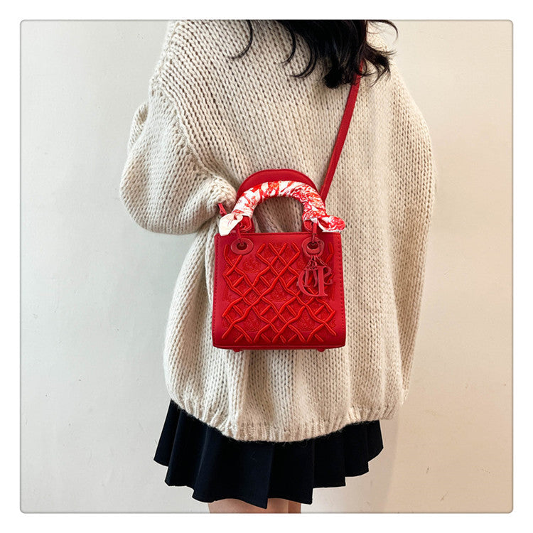 Women's Artisan-Embroidered Quilted Satchel - Heirloom-Quality Shoulder Bag w/ Detachable Silk Scarf & Convertible Strap, Textured Vegan Leather