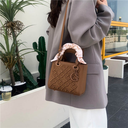 Women's Artisan-Embroidered Quilted Satchel - Heirloom-Quality Shoulder Bag w/ Detachable Silk Scarf & Convertible Strap, Textured Vegan Leather