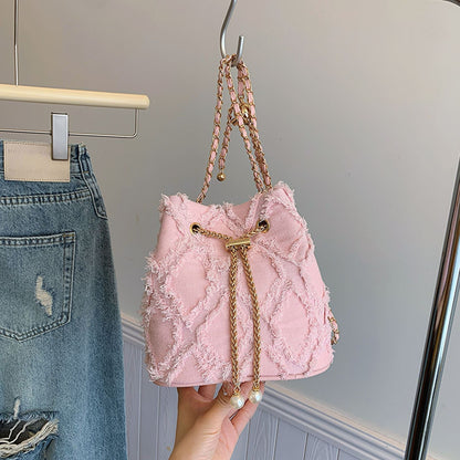 Women's Quilted Denim Bucket Bag - Trendy Large Capacity Chain Strap Shoulder/Crossbody Bag