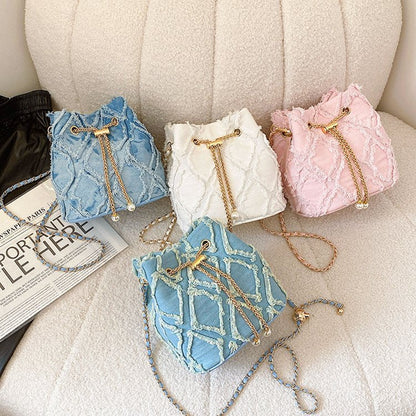 Women's Quilted Denim Bucket Bag - Trendy Large Capacity Chain Strap Shoulder/Crossbody Bag