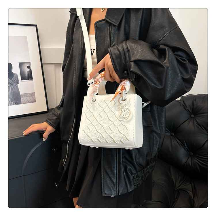 Women's Artisan-Embroidered Quilted Satchel - Heirloom-Quality Shoulder Bag w/ Detachable Silk Scarf & Convertible Strap, Textured Vegan Leather
