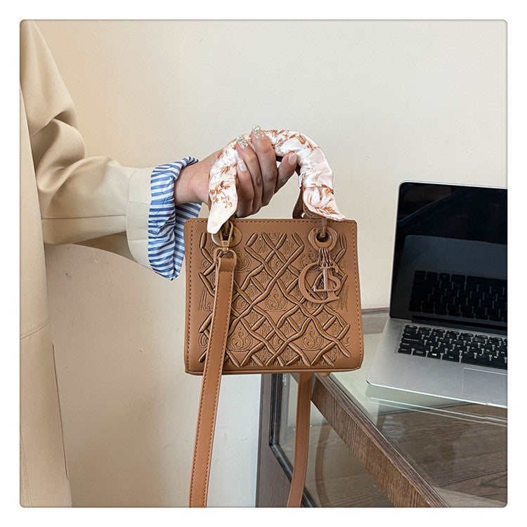 Women's Artisan-Embroidered Quilted Satchel - Heirloom-Quality Shoulder Bag w/ Detachable Silk Scarf & Convertible Strap, Textured Vegan Leather