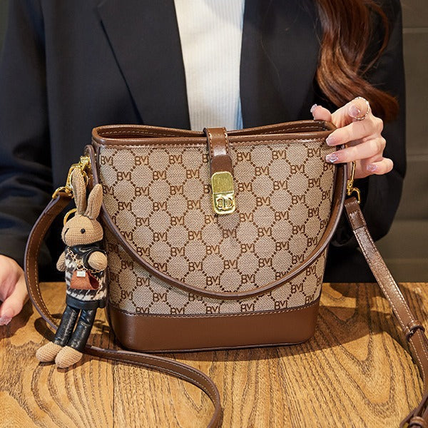 Women's Rabbit Muse Bucket Bag - Heritage Print & Crafted Leather Convertible Carry with Signature Charm & Optimized Capacity