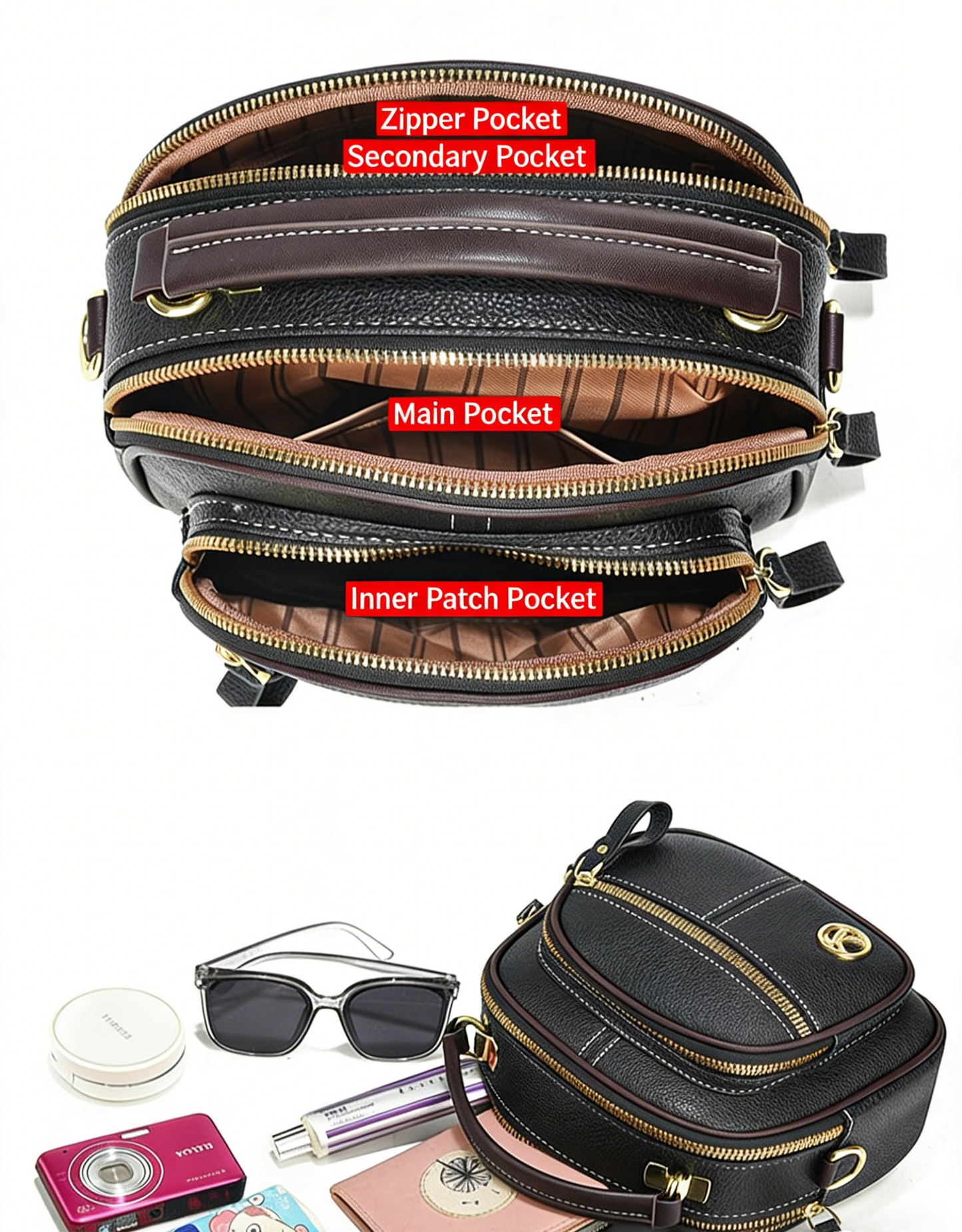 Women's Multi-Zip Compact Satchel — Premium Convertible Shoulder & Crossbody Bag with Curated Organization & Elevated Everyday Style
