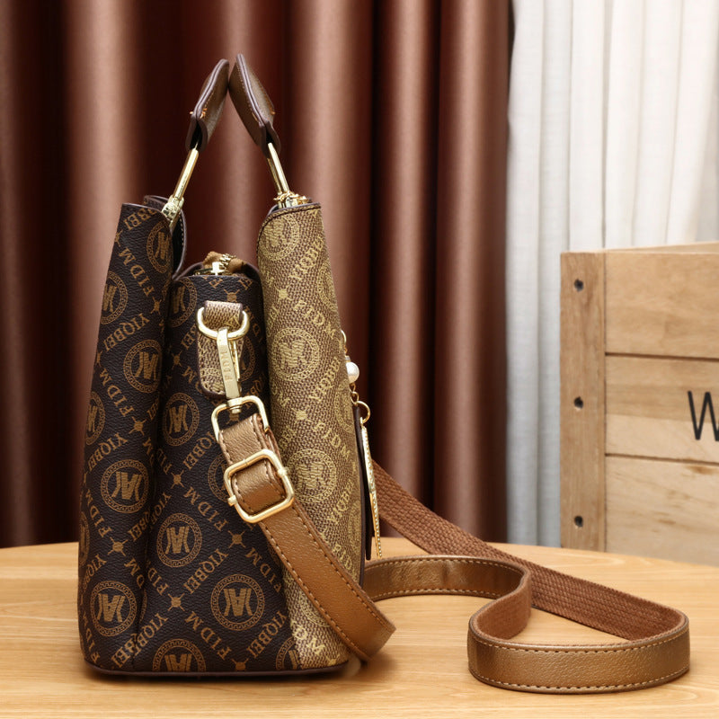 Women's Artisan Color-Block Tote - High-Capacity Convertible Shoulder Bag with Signature Print