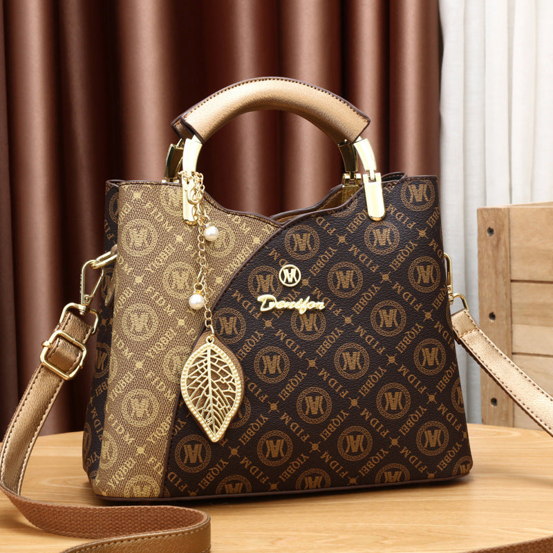 Women's Artisan Color-Block Tote - High-Capacity Convertible Shoulder Bag with Signature Print