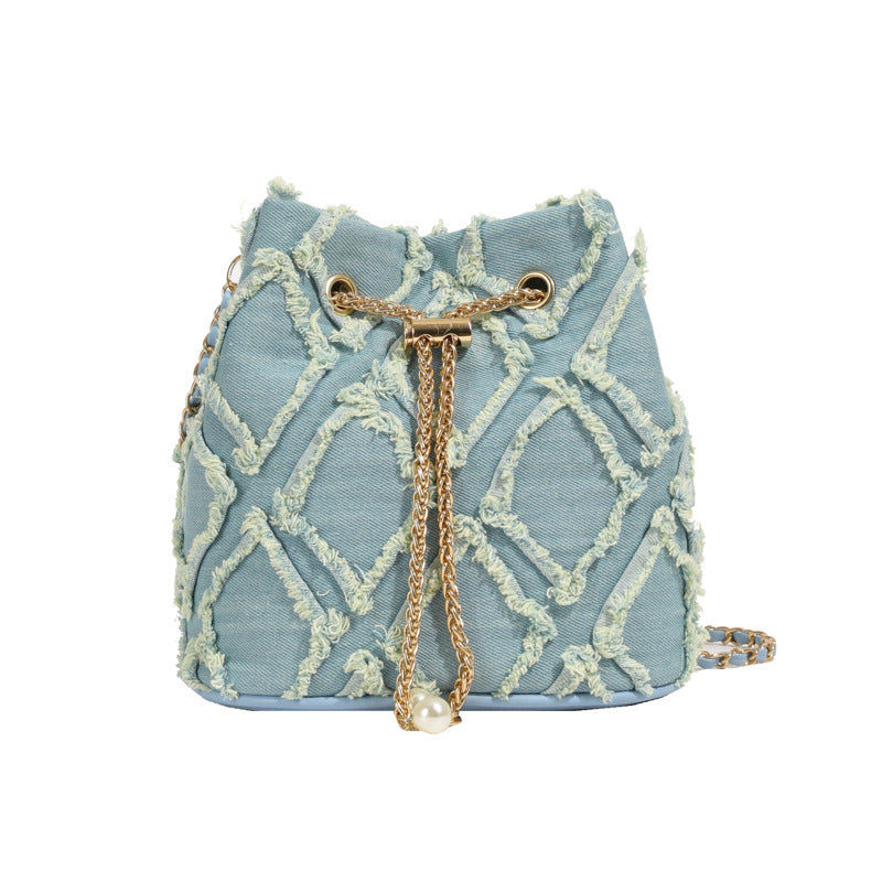 Women's Quilted Denim Bucket Bag - Trendy Large Capacity Chain Strap Shoulder/Crossbody Bag