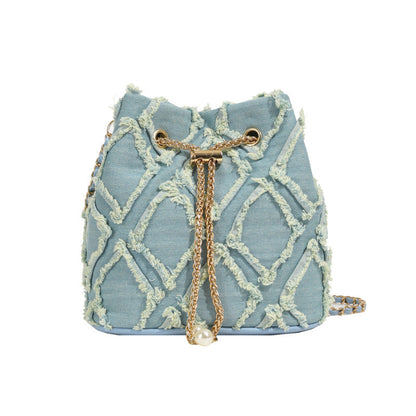 Women's Quilted Denim Bucket Bag - Trendy Large Capacity Chain Strap Shoulder/Crossbody Bag