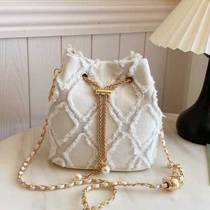 Women's Quilted Denim Bucket Bag - Trendy Large Capacity Chain Strap Shoulder/Crossbody Bag
