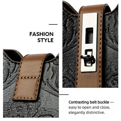 Women's Heritage Artisan Bucket - Distinctive Hand-Blocked Motifs on Heirloom Leather with Village-to-City Versatility