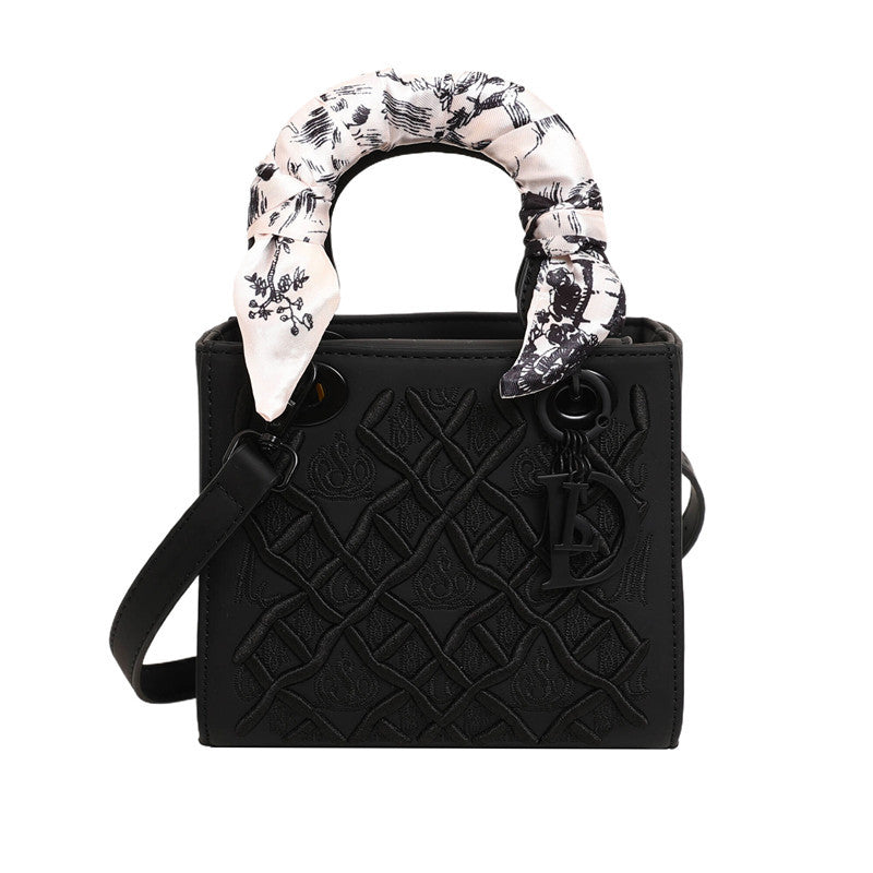 Women's Artisan-Embroidered Quilted Satchel - Heirloom-Quality Shoulder Bag w/ Detachable Silk Scarf & Convertible Strap, Textured Vegan Leather