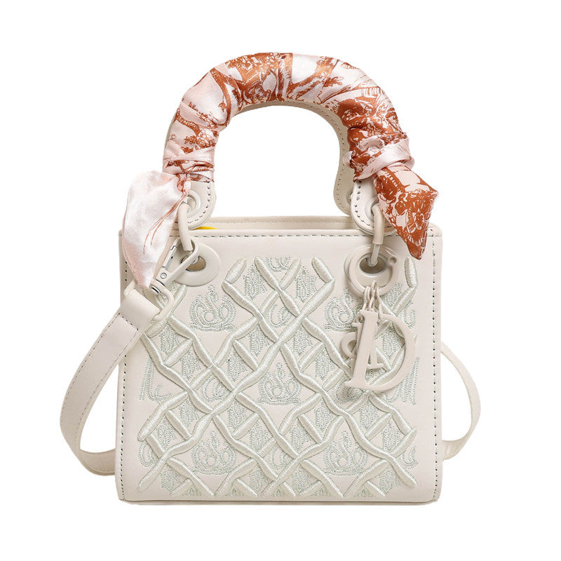 Women's Artisan-Embroidered Quilted Satchel - Heirloom-Quality Shoulder Bag w/ Detachable Silk Scarf & Convertible Strap, Textured Vegan Leather