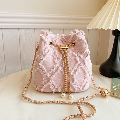 Women's Quilted Denim Bucket Bag - Trendy Large Capacity Chain Strap Shoulder/Crossbody Bag