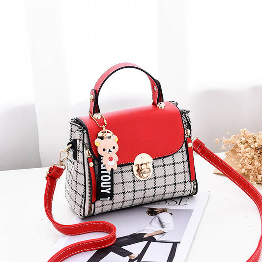 Women's Tartan-Trim Mini Crossbody - 3-Way Convertible Bag w/ Color-Block & Enamel Charms, Textured PU Small Purse