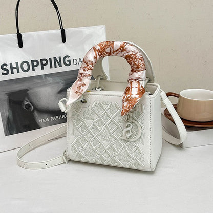 Women's Artisan-Embroidered Quilted Satchel - Heirloom-Quality Shoulder Bag w/ Detachable Silk Scarf & Convertible Strap, Textured Vegan Leather