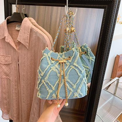 Women's Quilted Denim Bucket Bag - Trendy Large Capacity Chain Strap Shoulder/Crossbody Bag