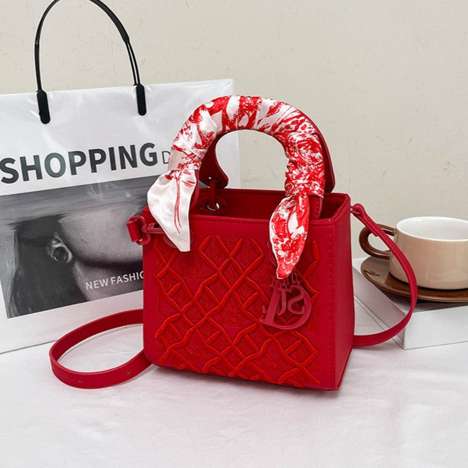 Women's Artisan-Embroidered Quilted Satchel - Heirloom-Quality Shoulder Bag w/ Detachable Silk Scarf & Convertible Strap, Textured Vegan Leather