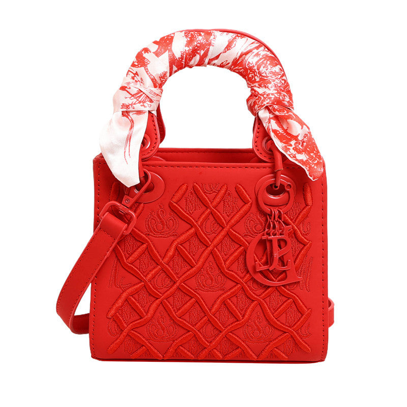 Women's Artisan-Embroidered Quilted Satchel - Heirloom-Quality Shoulder Bag w/ Detachable Silk Scarf & Convertible Strap, Textured Vegan Leather
