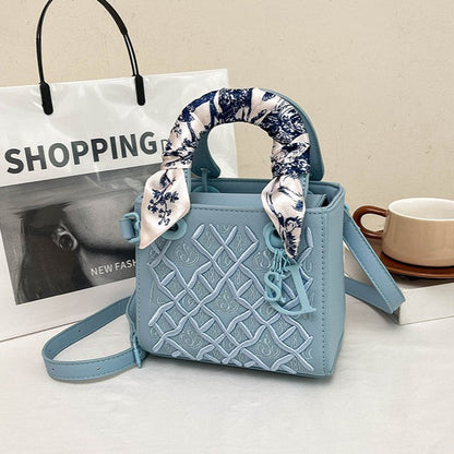 Women's Artisan-Embroidered Quilted Satchel - Heirloom-Quality Shoulder Bag w/ Detachable Silk Scarf & Convertible Strap, Textured Vegan Leather